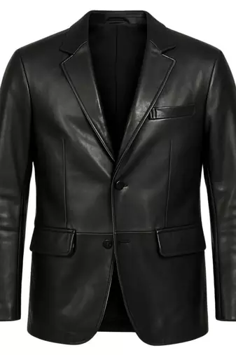 Men's black 100% genuine leather suit blazer coat