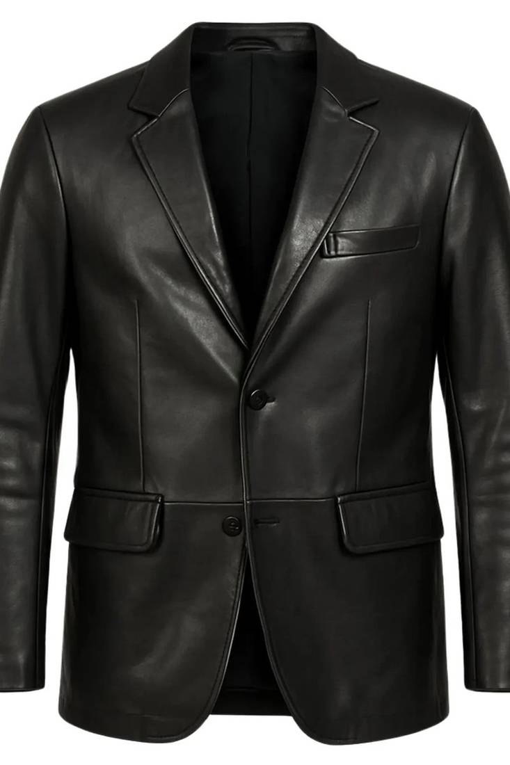 Men's black 100% genuine leather suit blazer coat