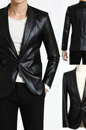 Men's black real lambskin leather blazer slim fit jacket