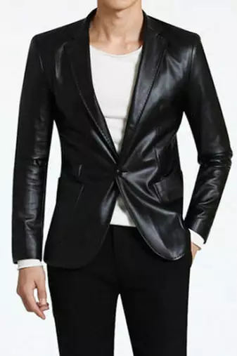 Men's black real lambskin leather blazer slim fit jacket