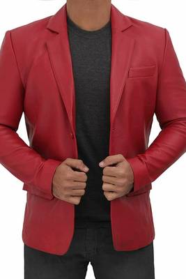 Men's red genuine lambskin leather blazer jacket 1