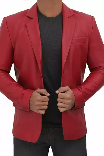 Men's red genuine lambskin leather blazer jacket