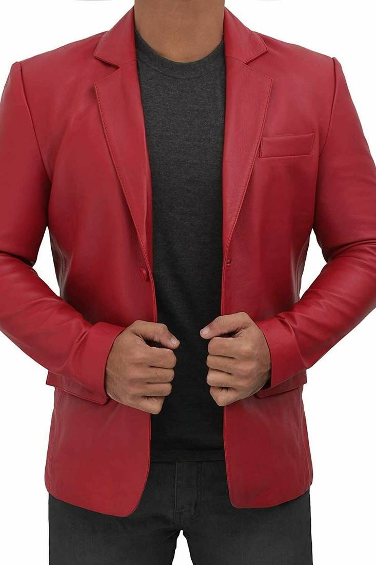 Men's red genuine lambskin leather blazer jacket