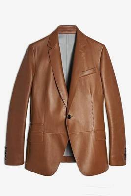 Men's tan real lambskin leather suit blazer classic fit coat 1
