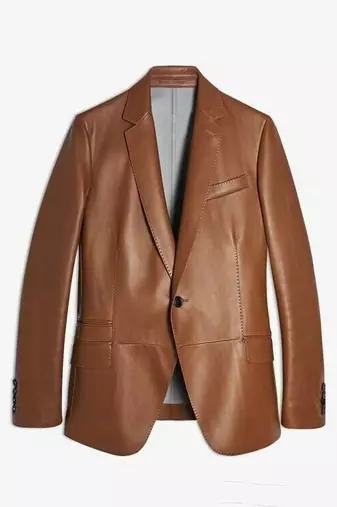 Men's tan real lambskin leather suit blazer classic fit coat