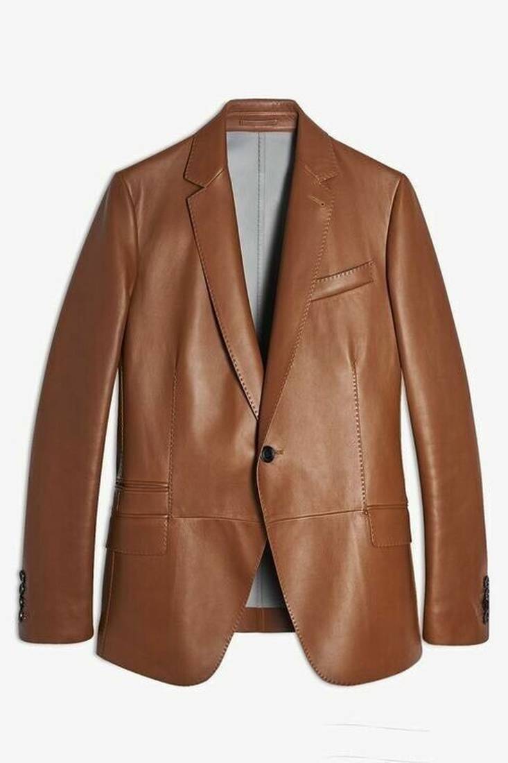 Men's tan real lambskin leather suit blazer classic fit coat