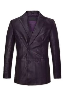 Men's black double breasted real genuine leather blazer coat 1