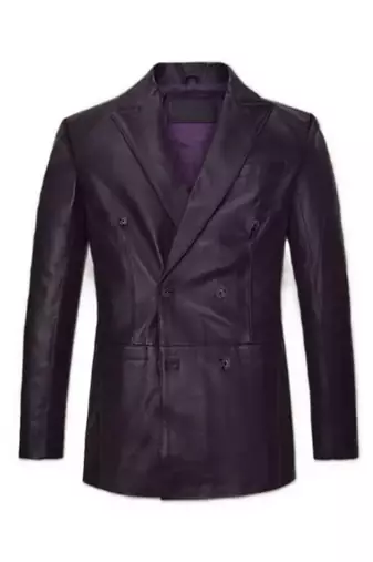 Men's black double breasted real genuine leather blazer coat