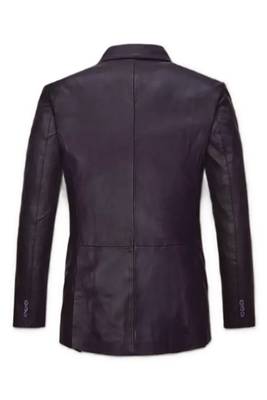 Men's black double breasted real genuine leather blazer coat 2
