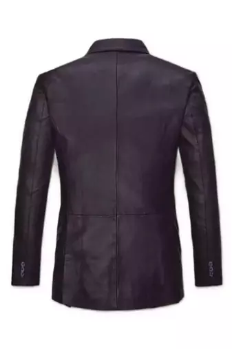 Men's black double breasted real genuine leather blazer coat