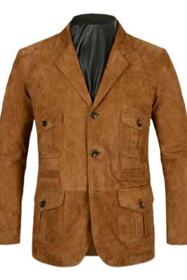 Men's brown genuine suede safari leather coat blazer 1