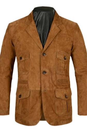 Men's brown genuine suede safari leather coat blazer