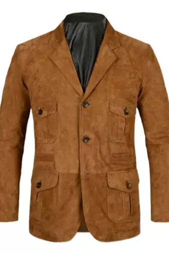 Men's brown genuine suede safari leather coat blazer