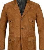 Men's brown genuine suede safari leather coat blazer
