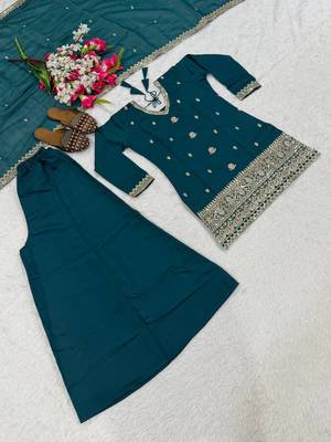 Women's teal green embroidered kurta sharara set with mal chanderi dupatta 5