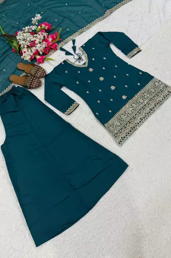 Women's teal green embroidered kurta sharara set with mal chanderi dupatta