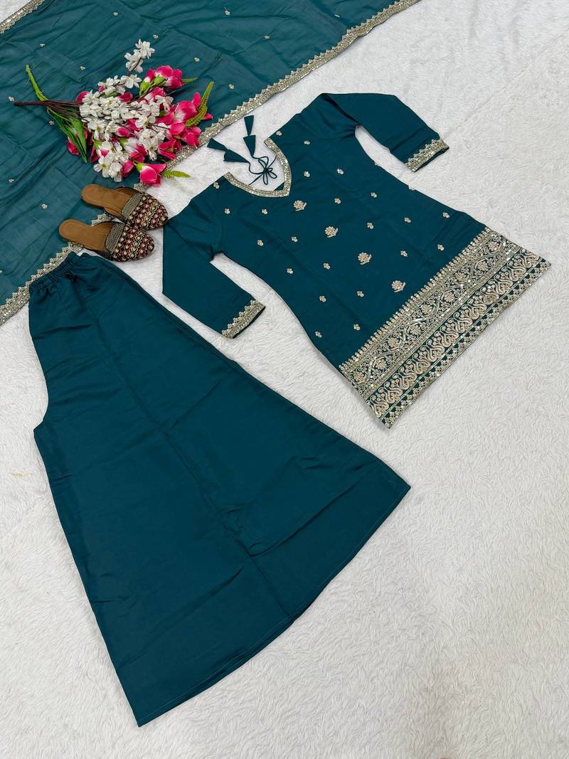 Women's teal green embroidered kurta sharara set with mal chanderi dupatta
