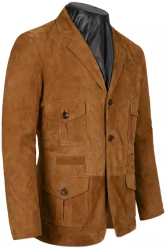 Men's brown genuine suede safari leather coat blazer