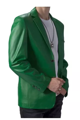 Men's green genuine lambskin leather blazer jacket