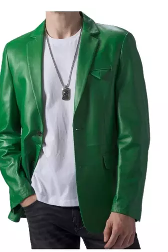 Men's green genuine lambskin leather blazer jacket