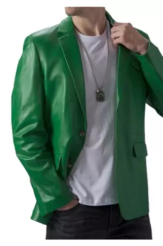 Men's green genuine lambskin leather blazer jacket
