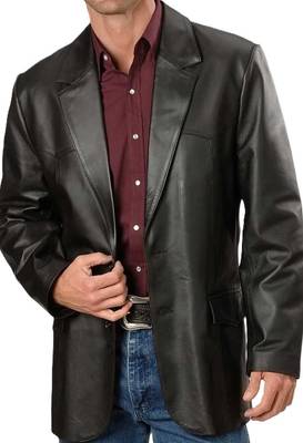 Men's black real lambskin leather long blazer sport coat 1