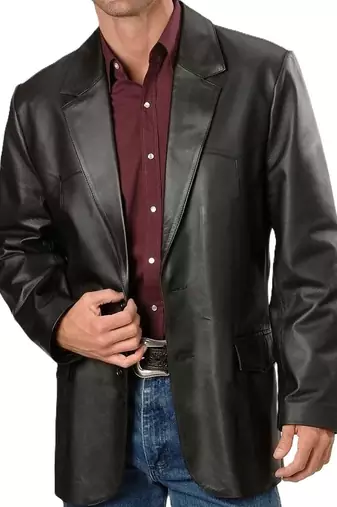 Men's black real lambskin leather long blazer sport coat