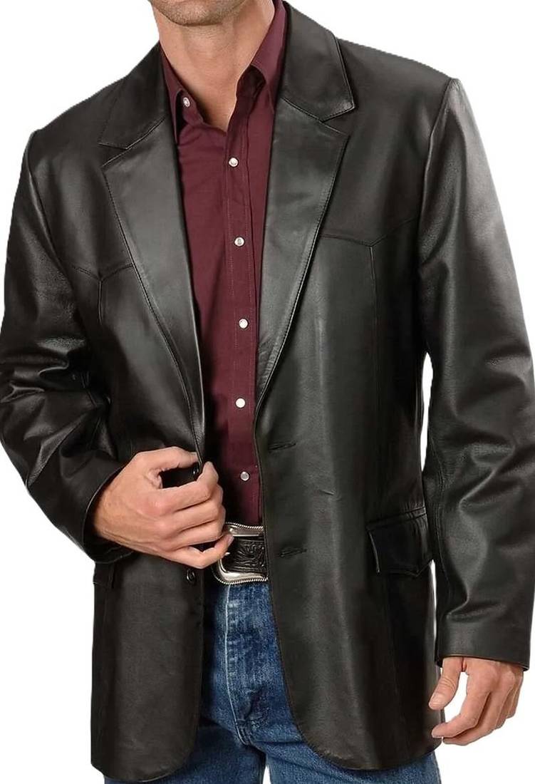 Men's black real lambskin leather long blazer sport coat