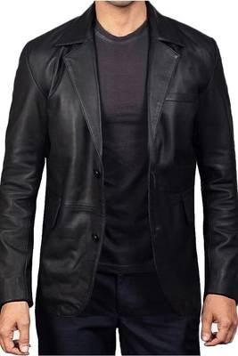 Men's black classic real genuine lambskin leather suit blazer 1