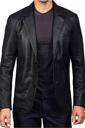 Men's black classic real genuine lambskin leather suit blazer
