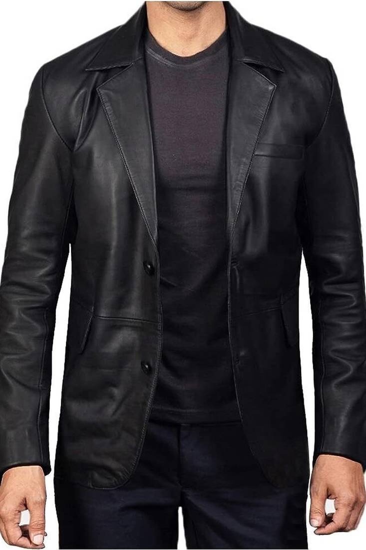 Men's black classic real genuine lambskin leather suit blazer