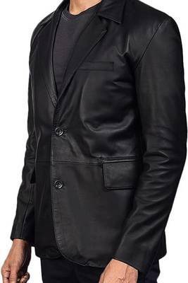 Men's black classic real genuine lambskin leather suit blazer 2