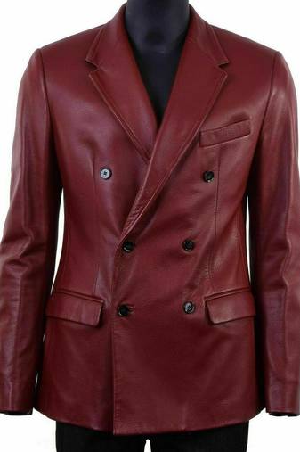 Men's dark red double breasted genuine leather blazer