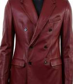 Men's dark red double breasted genuine leather blazer