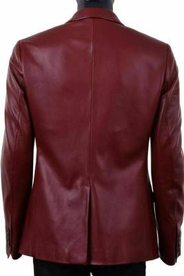 Men's dark red double breasted genuine leather blazer 2