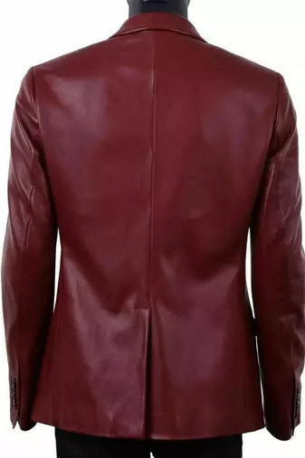 Men's dark red double breasted genuine leather blazer