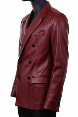 Men's dark red double breasted genuine leather blazer 3