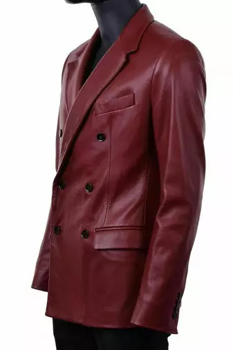 Men's dark red double breasted genuine leather blazer
