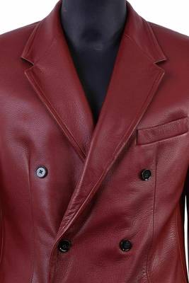 Men's dark red double breasted genuine leather blazer 4