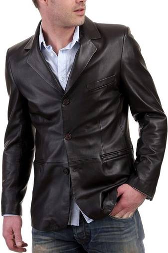 Men's black lambskin leather 3 button blazer coat