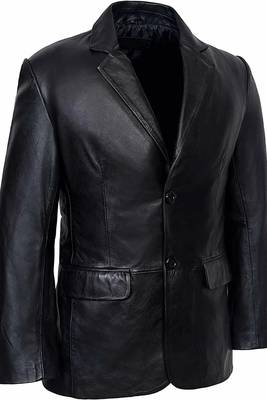 Men's black lambskin leather classic two button blazer jacket 1