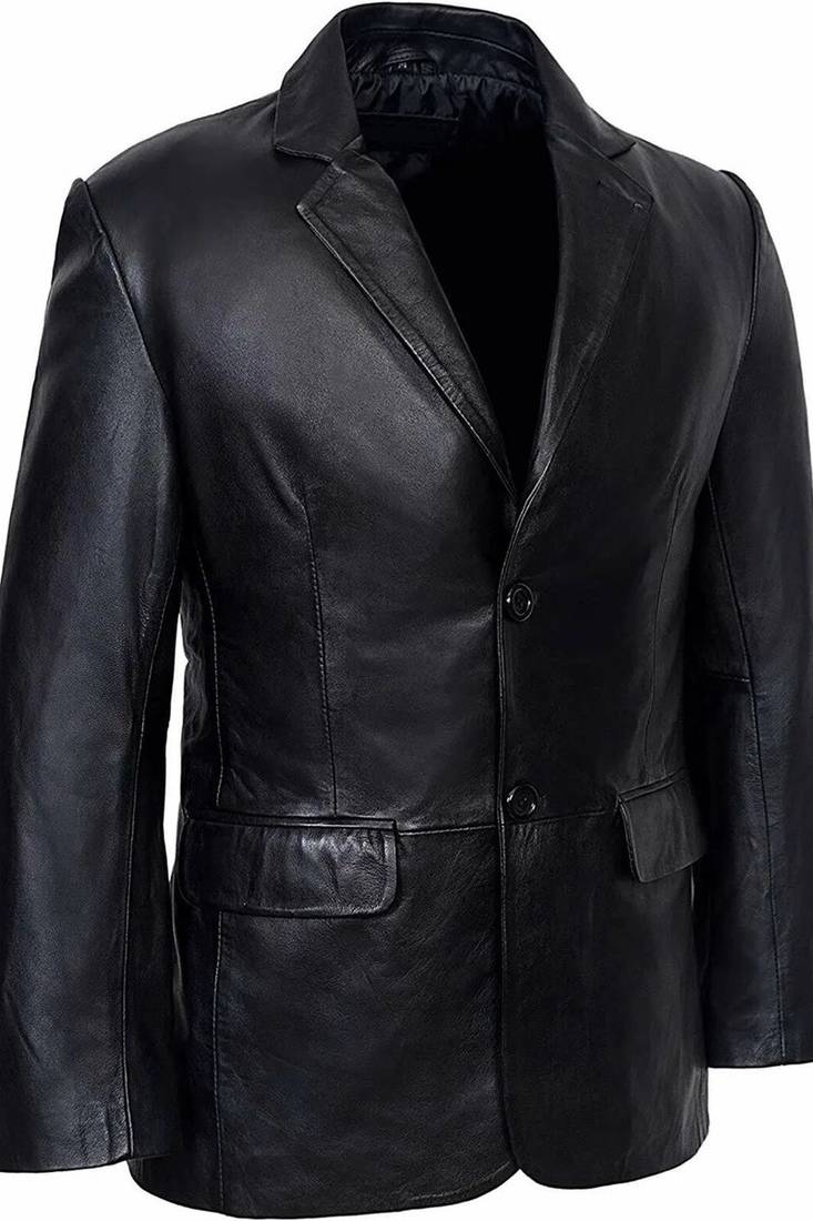 Men's black lambskin leather classic two button blazer jacket