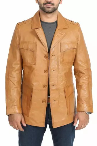 Men's tan genuine leather safari field jacket for men coat