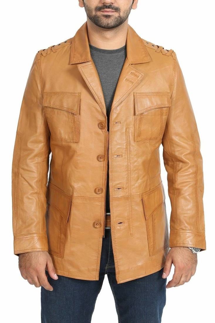 Men's tan genuine leather safari field jacket for men coat