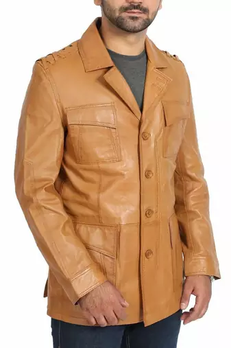 Men's tan genuine leather safari field jacket for men coat