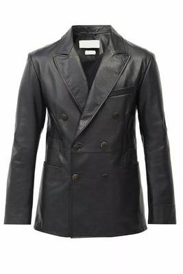 Men's black double breasted real lambskin leather blazer coat 1