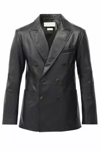 Men's black double breasted real lambskin leather blazer coat
