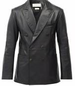 Men's black double breasted real lambskin leather blazer coat