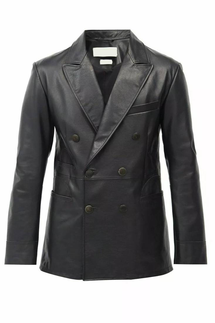 Men's black double breasted real lambskin leather blazer coat