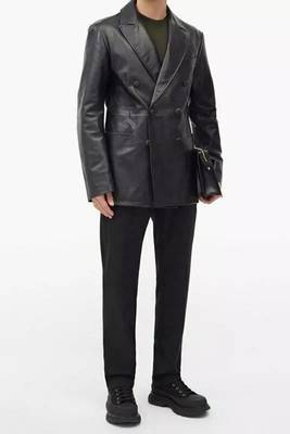 Men's black double breasted real lambskin leather blazer coat 2